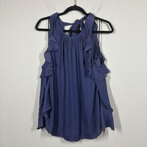 Alice & Trixie Medium Crepe Cold Shoulder Blouse Navy Ruffle Tie Back